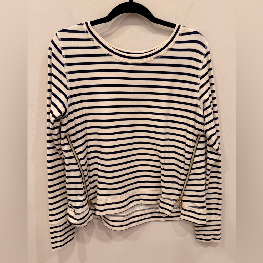 Stella & Dot Striped Top L Navy White Zipper Detail Long Sleeve Casual